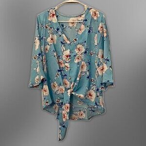 V-Neck Blouse Button-Down Front Stylish Tie Knot 3/4 Sleeves Floral Blue W US L
